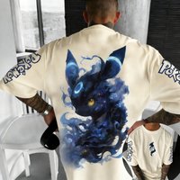 New Pokemon Cotton T Shirt with Umbreon Character Print Blue Smoke Effects and Sleeve Pokemon Text Casual Loose Fit Men Women