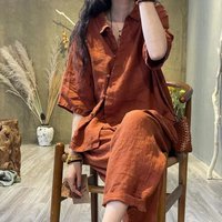 Women's 2PCS New 2025 Spring Summer Cotton And Linen Female Shirt + Fashion Design Sense Loose Harlan Pants Lady 2-Piece Set