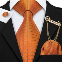 Orange Plaid Men Tie For Wedding Exquisite Woven Pocket Square Cufflinks Brooch Set Designer Party Business Barry.Wang 0464