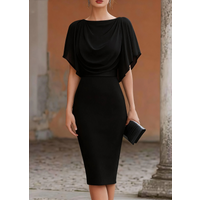 Draped Cowl Neck Cape Sleeve Bodycon Midi Dress Women Elegant Pencil Dress With Waistband