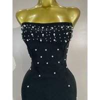 Elegant Strapless Backless Pearl Beading Chain Black Midi Bodycon Bandage Dress Celebrity Evening Sexy Club Party Cocktail Dress