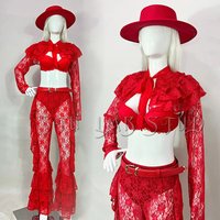 Women Stage Show Costume Red Lace Performance Suit Sexy Top Pants Set Gogo Dancer Outfits Nightclub Party Rave Clothing VDL4670