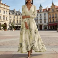 Spring Floral Print Maxi Dress V-Neck Long Sleeve Pleated Flowy Dress for Wedding Guest Party Cocktail