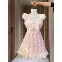 Y2K Spaghetti Strap Mini Dress Cute Girl Daily Casual Lace Dress Outfits New Sweet Vintage Lolita Dress Set Women