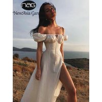 NewAsia – robe longue blanche à manches bouffantes, épaules dénudées, découpée, cravate sur le côté, froncée, robe d'été pour femmes, 2022