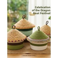 High-End Woven Rice Cake Storage Basket with Lid Decorative Basket for Dragon Boat Festival Cotton Fabric Storage Box