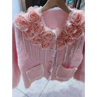 Real Photo Luxury 3D Diamonds Flower Stitch Knitwear Cardigan Coat For Women Thick Sweet Winter Sweater Outwear Knitted Jacket