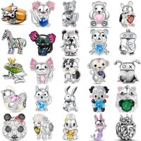 925 Sterling Silver Cute Animal Charm Beads Fox Axolotl Teddy Bear Mouse Zebra Tiger Monkey Pendant DIY Jewelry Accessories Gift