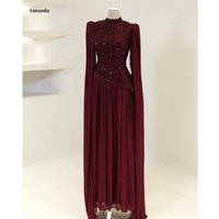 Amanda Customized Burgundy High Neck Prom Dress with Beaded Embellished Bodice, Cape Sleeves and Pleated Jersey Maxi Skirt 2026