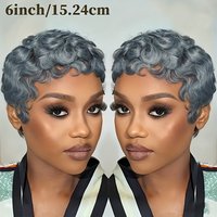 Grey Color Human Hair Wig Layered Short Curly Pixie Cut with Bangs Machine Made Wig Comfortable & Secure Fit