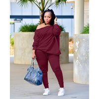Plus Size Casual Pants Set Burgundy Long Sleeves Oblique Collar Sweatshirt Single Breasted Off the Shoulder Two Pieces Pants Set