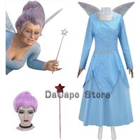 Fairy Godmother Cosplay Costume Dress Wig Wing Lady Roleplay Anime Elf Blue Dress Halloween Stage Performance Outfit for Women