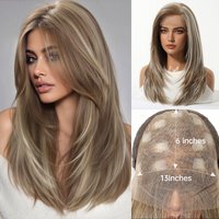Perruque avec frange en dentelle 13x6 HAIRCUBE pour femmes, marron avec mèches blondes, perruque à mèches, perruque synthétique avec frange en dentelle pour usage quotidien et soirées.