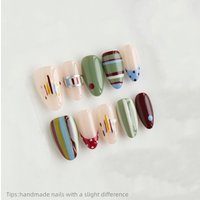 10pcs Handmade Multi-Color Hand-Painted Stripe Press on Nails Almond Full Cover Wearable Reusable Trendy False Nails 2026