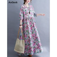Long Sleeve Cotton Vintage Floral Print Purple Spring Autumn Dresses For Women 2025 Casual Dress Elegant Beach Robe Longue Femme