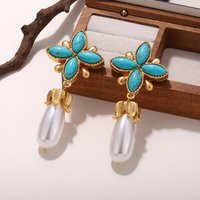Fashion Gold Plated Turquoise Flower Drop Earrings with White Pearl Pendant Vintage Bohemian Dangle Earrings for Women