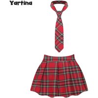 Womens Adult Japanese Schoolgirls Uniform Mini Skirts Cosplay Costume Y2K Clothes Outfit Kawaii Plaid Pleated Skirt with Necktie