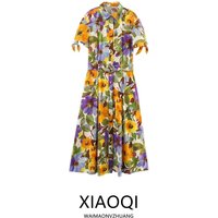 Summer 2025 New Women's Printed antung ort Sve Turn-down Collar Midi Dr Commute Sle Single Piece Other Material 00%