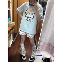 HOUZHOU Harajuku Kawaii Women Blue T-shirts Cat Printed Short Sleeve Shirts Oversized Japanese Style Juminocore Cotton T-shirts