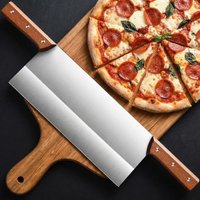 Couteau à pizza et à pâtisserie robuste, manche en bois, design à double poignée, pour couper les pizzas, le pain, les gâteaux - Lame en acier inoxydable durable
