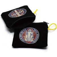 2pcs Saint Benedict Color Print Black Velet Zipper Rope Rosary Necklace Storage Bag
