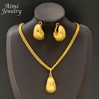 Copper Drop Pendant with Chain Dubai 18K Golden Necklace Hoop Earrings Jewelry Set for Women African Bridal Wedding Party Gifts