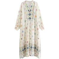 Women's Casual Loose V-Neck Floral Embroidered Boho Ankle-Length Dress, Lightweight and Fashionable for Daily Outings
