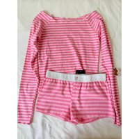 Pink Striped Slash Neck Short Sets Women Cute Cotton Slim Long Sleeve Tee+Buttons Shorts 2 Piece Sets Sweet Chic Two Piece Set