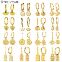 925 Silver Needle Square Pendant Hoop Earrings Vintage Gold Earrings For Women Shell Pendant Earring Fashion Jewelry Accessories