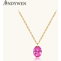 ANDYWEN 925 Sterling Silver Rose Pink Oval Pendant Zircon Charm Necklace long Chain 2025 Luxury Fine Jewelry Gift
