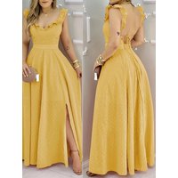 Women's Yellow Polka Dot Maxi Dress Ruffled Neckline Back Tie Side Slit Ideal for Summer Vacations and Bohemian Gatherings