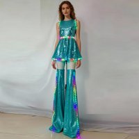 Women's Sleeveless Sequin Dress Shining Laser PU Club Party Dress for Gogo Dancer DJ Stage Performance Stilt Walker Costume