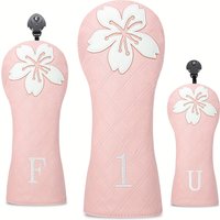 A Fun Pink Mesh Golf Club Head Cover with White Floral Cherry Pattern, Suitable for 1 Wood, 3/5 Wood And UT Wood,
