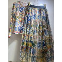 Retro mesh elastic long-sleeved top spring and summer new elastic waist big swing skirt fashion print women's two-piece dress