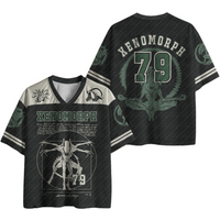 V Neck Football Jersey Vintage Sci-Fi Alien Creature Blueprint Number 79 Print Black Cream White Striped Sleeve Loose Sport Tee