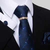 Luxuriöses Marken-Set mit 8 cm Krawatte, Einstecktuch und Manschettenknöpfen für Herren, Blau, Bedruckt, für Hochzeit, Vatertag, Bürokleidung