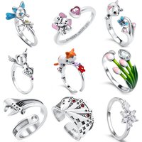 925 Sterling Silver Open Rings for Women Cute Animal Cat Elephant Flower Tulip Poker Wrench Design Fashion Jewelry