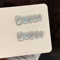 10PCS Coffin Handmade Press On Nails,Silver-blue Gradient Star Bow Fresh Flash Diamond, Suitable For Parties And Daily Wear.