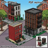 MOC New York City Apartment Building Blocks Classic Brownstone Architecture Street View Modular Diorama Adult Brick Set