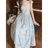 2025 Summer French Retro Style Dress Women Sweet Lace Edge Flutter Sleeve Clothes Bow Blue Long Dresses Elegant Chic Style New