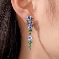 Vintage Temperament Blue Drop Glaze Flower Green Zircon Long Earrings for Women Romantic Dangle Earrings Stainless Steel Jewelry
