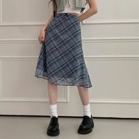 Spring Summer New Vintage Plaid Half Skirt Women's mid Waist A-Line Midi Skirt Standard Fit Other Fabric Other Composition