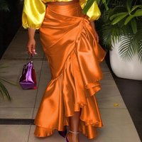 Elegant Satin Midi Skirt for Women High Waist Ruched Ruffle Asymmetrical Hem Elegant Party Cocktail Bodycon Skirt