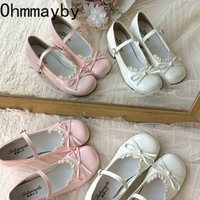 Sweet Lolita Mary Jane Shoes Women Butterfly-knot Patent Leather Round Toe Buckle Strap Shoes Fashion Dress Pumps