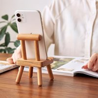 Cute Mini Wooden Chair Shape Desktop Phone Stand Universal Wood Holder for Smartphones Desk Organizer Decor