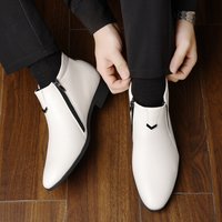 English Pointed Leather Shoes Mens High Top Chelsea Boots PU Leather Medium Top White Ankle Boots Non-Slip Zipper Men Boots