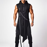 Men Hooded Sweatshirts Black Hip Hop Trench Coat No-Sleeves Hooded Cloak Men's Irregular Design Long Cardigan Street Punk Jacket