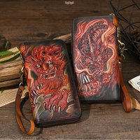 Genuine Leather Wallet Women's Long Wallet Carving Design Faionable Vintage Zipper Closure Money Holder