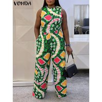 VONDA Bohemian Women Long Jumpsuits 2025 Summer Vintage Printed Sexy Sleeveless Overalls Beach Wide Leg Playsuits Casual Pants