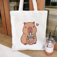 1pc Japanese Style capybara Printed Canvas Bag Durable Casual Shoulder Tote with Playful Character Art Perfect Gift for other